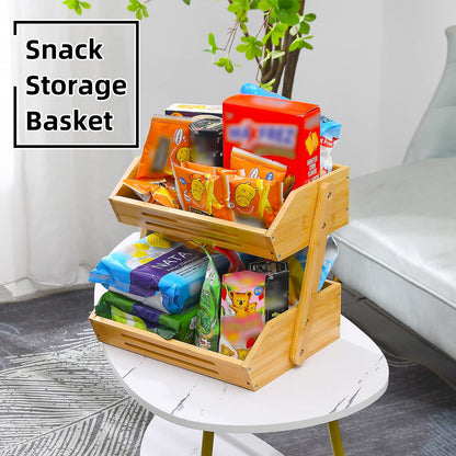 VIKEYHOME Fruit Basket, 2 Tier Bamboo Fruit Basket for Kitchen, 11" Tall Fruit Stand Storage Holder, Heavy Duty/Large Capacity for Vegetables, Fruit, and Snack, 15 mm Thickness (Self-assembly)