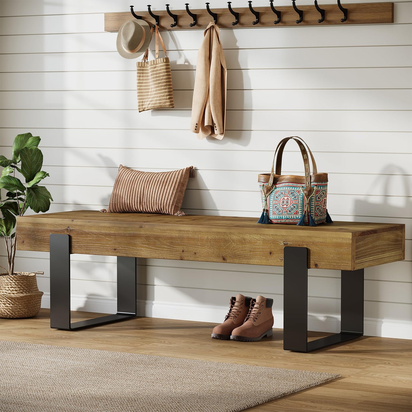 TRIBEWOOD Solid Wooden Entryway Bench, 63" Farmhouse Indoor Shoe Bench with Metal Legs, Industrial Long End of Bed Stool with Seating for Entry, Hallway, Porch, Living Room, Mudroom, Easy Assembly