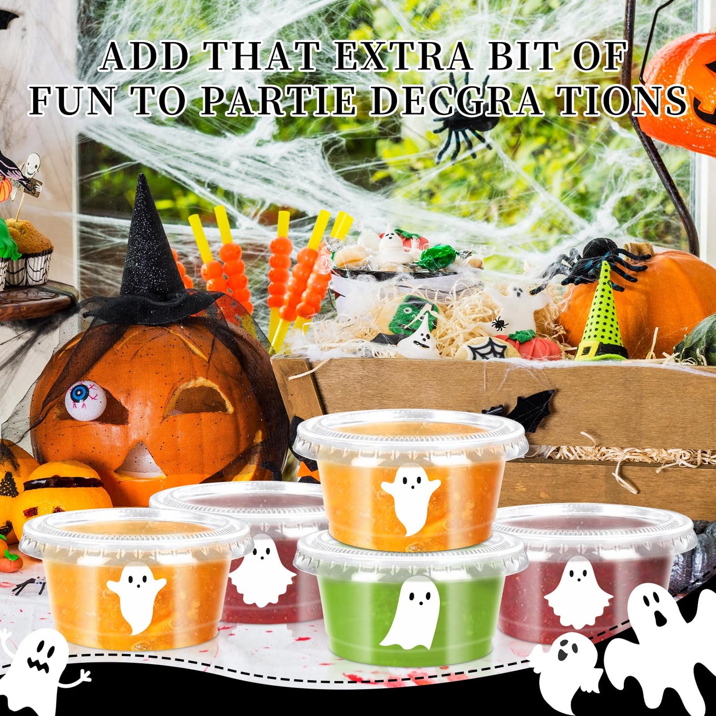 FYSUIMU 75 Pcs Halloween Sauce Cup Mini White Ghost Jelly Shot Cups with Lids Disposable Plastic Containers for Holidays Party Supplies, 2 oz