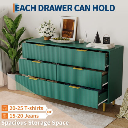 Garvee 56" Wide Fluted Dresser for Bedroom with 6 Drawers, Wooden Chest of Drawers with Gold Metal Handle & Feet, Fluted Dresser for Living Room, Hallway, Bedroom, Green