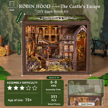 MiniCity DIY Book Nook Kit - The Castle's Escape 3D Miniature Wooden Scene with LED Lights, Dustcover & Tools for Shelf Decor (Robin Hood)