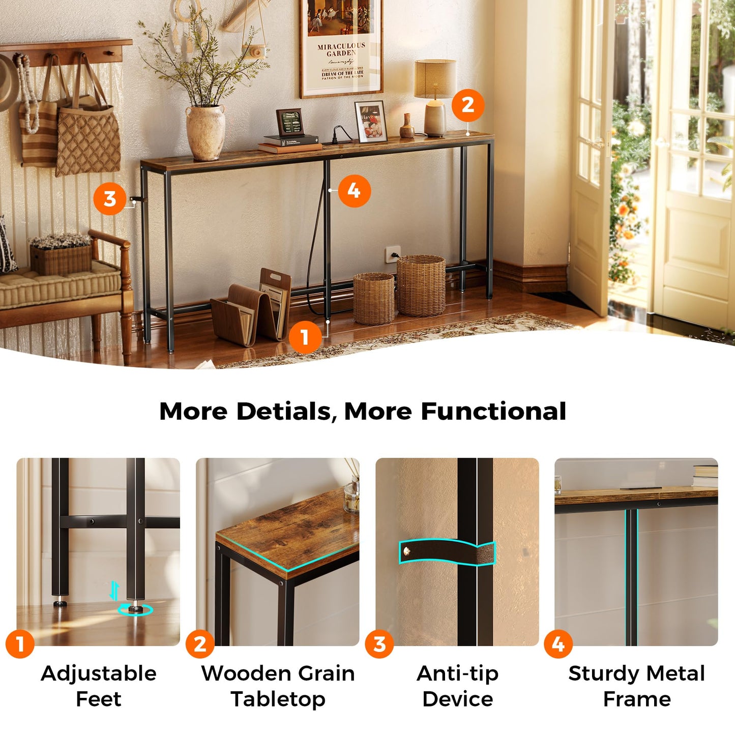 SUPERJARE 70 Inch Console Table with Outlet, Sofa Table with Charging Station, Narrow Entryway Table, Skinny Hallway Table, for Living Room, Rustic Brown