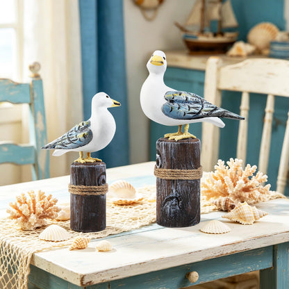 Meching 2Pcs Wooden Seagull Figurine on Piling Mediterranean Style Sea Bird Statue Craft Standing Seagull Decorations for Home Indoor Decor Living Room Kitchen Beach Party Bedroom Office Accessories