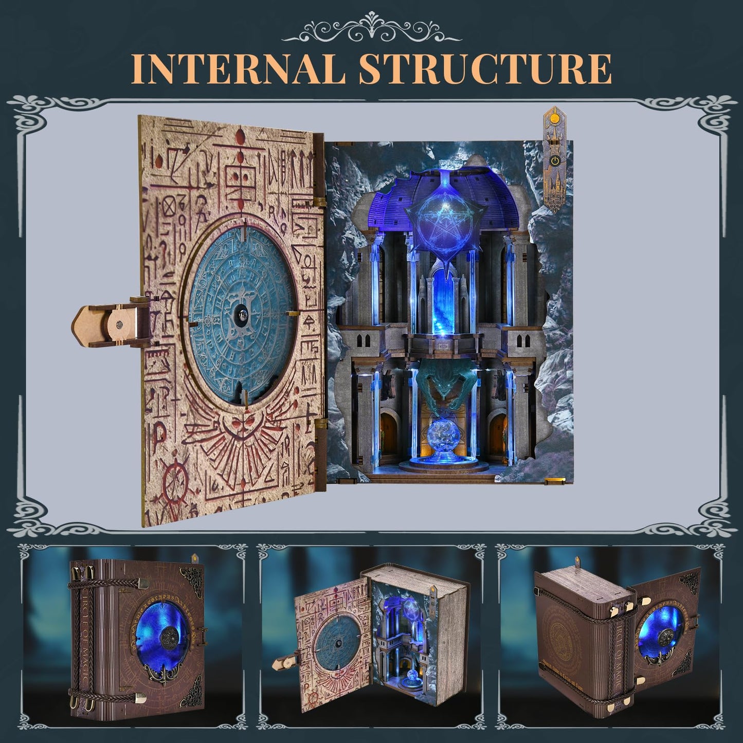Book Nook Kit, DIY Miniature Dollhouse Magic Booknook Kit, 3D Wooden Puzzle Bookend Bookshelf with LED Light for Adults Teens (Circle of Magic)