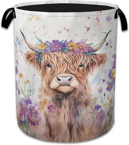 Highland Cow Laundry Basket, Foldable Oxford Cloth Flower Funny Laundry Hamper