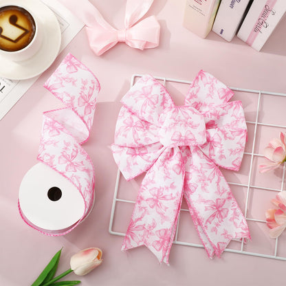 JarThenaAMCS Pink Floral Bow Wired Edge Ribbon Chinoiserie Flower Bowknot Fabric Ribbon for DIY Crafts Wreath Bow Making Supplies, 12 Yard