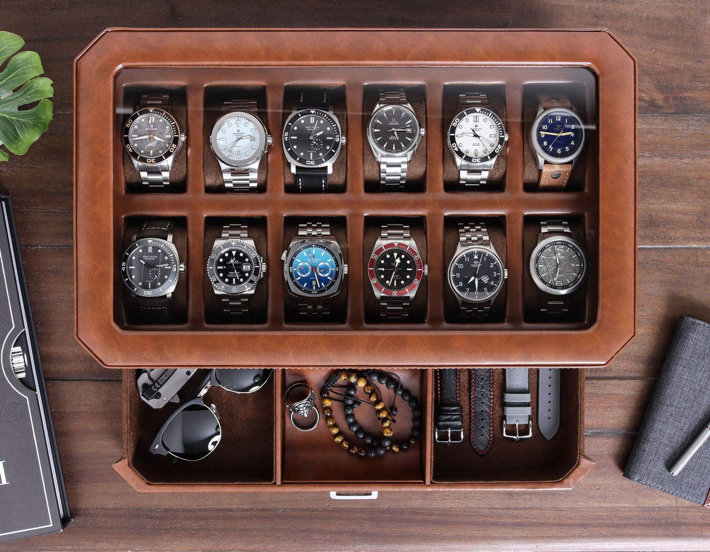 ROTHWELL 12 Slot Leather Watch Box with Valet Drawer - 12 Slot Luxury Watch Case Display Organizer, Microsuede Liner, Mens Accessories Holder, Jewelry Case, Jewelry Display Organizer (Tan/Brown)