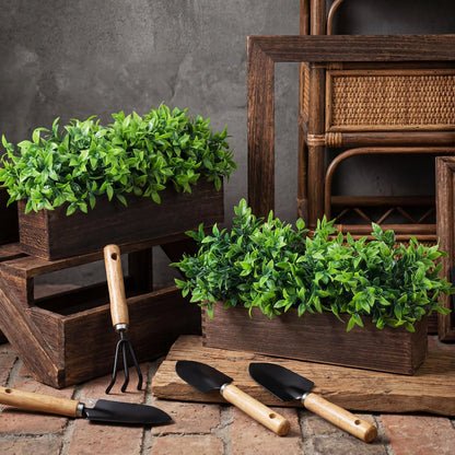 Lyrow 4 Pack Artificial Eucalyptus Plants in Rectangular Rustic Wooden Planter Box Faux Potted Herb Plant Greenery Centerpiece for Cabinet Windowsill Table Shelf Wedding Farmhouse Decor (Brown,16 '')
