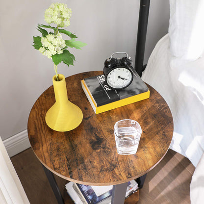 VASAGLE Round Side End Table, 2-Tier Accent Bedside Table with Storage Shelf, Easy Assembly, Nightstand for Small Spaces, Living Room, Bedroom, Rustic Brown and Ink Black ULET57X