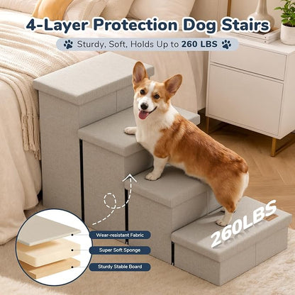 4-Step Wide Dog Stairs with Storage 23" H, Non-Slip Sturdy Pet Steps for High Bed Couch Window, Pet Stairs for Small/Medium/Large Old Dogs Cats Up to 220lbs, Cat Dog Steps for Car/SUV, Beige