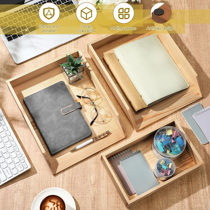 Beeveer 3 Pcs Wooden Letter Tray Wood Letter-Size Desk Organizer Heavy Duty 3 Tier Stackable Support Paper Tray Tabletop Inbox Drawer Desktop File Folder Magazine Office Back to School(Light Brown)