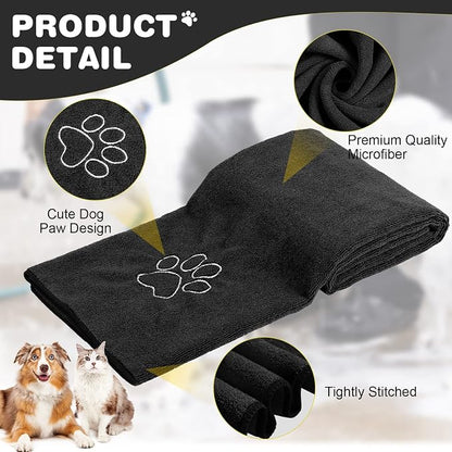Chumia 4 Pack Dog Towels for Drying Large Microfiber Grooming Tools Absorbent Soft Bath Supplies with Embroidered Paw for Small Medium Pet Products(16 x 32 Inch,Black)