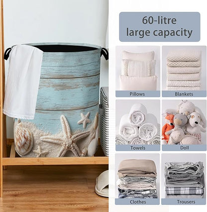 Starfish Seashell Laundry Basket, Vintage Wooden Oxford Cloth Laundry Hamper