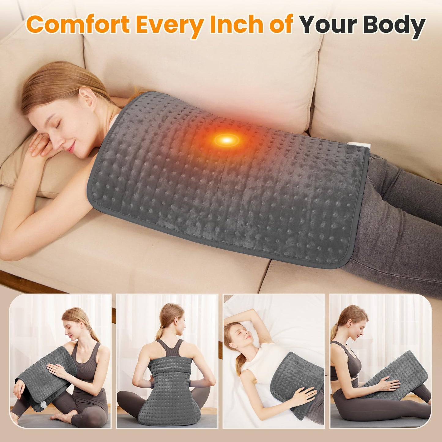 Electric Heating Pad for Back Pain Relief & Cramps - 6 Heat Settings,Auto Shut Off,Moist Heat Options,Portable Heated Pads for Neck/Shoulder Machine Washable Gift for Men Women,Grey,12"x24"