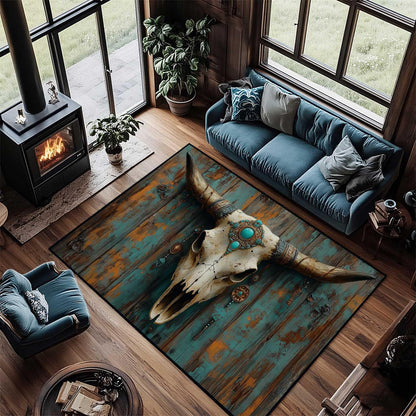 Southwestern Cow Skull Area Rug, Western Aztec Bull Skull Rug, Aztec Tribal Rugs, Native American Rugs, Moroccan Navajo Tribal Carpet for Living Room Bedroom (5' x 7'(Rectangular))