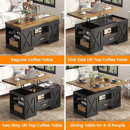 kepptory 39.4'' Lift Top Coffee Table with Storage, 4 in 1 Multi-Function Convertible Coffee Tables for Living Room, Farmhouse Coffee Table with Open Storage Compartment & Drawers (Brown&Black)