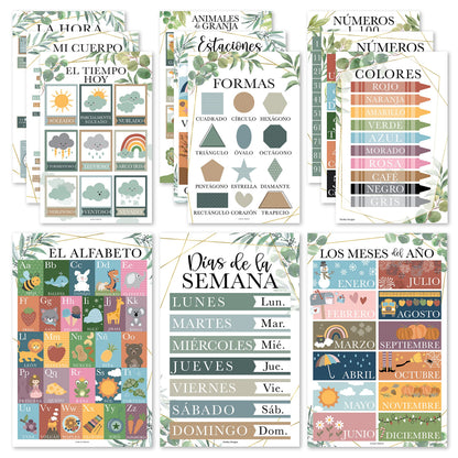 Hadley Designs Spanish Posters for Classroom - 12 Bilingual Educational Posters for Spanish Classroom Decorations Must Haves, Calendario y Alfabeto en Español Para la Pared, Greenery Teacher Supplies