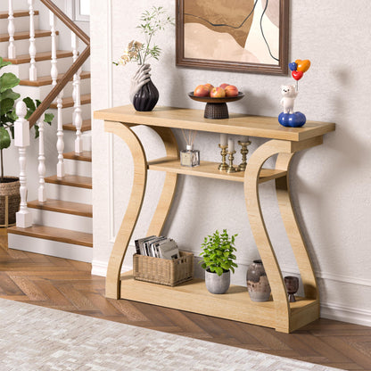 UODERS Wooden Console Table with Curved Legs and Shelf, 3-Tier Modern Accent Narrow Sofa Table for Entrance Area, Living Room, Hallway, 47 in Wide Wood Console Table for Entryway (Nature)