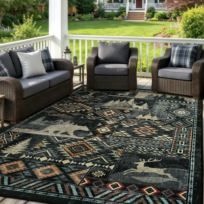 HOMORE Rustic Cabin Living Room Rug 5x7, Washable Southwestern Area Rug Geometric Carpet with Bear Print, Western Rugs for Bedroom Dining Room,Black
