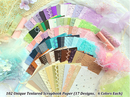Flartmo 102 Unique Textured Scrapbook Papers and Mesh Fabric Sheets(17 Designs × 6 Colors), Handmade Craft paper for Scrapbooking, Junk Journal, Card Making Supplies, Planner, Collage (5.9" x 3.9")
