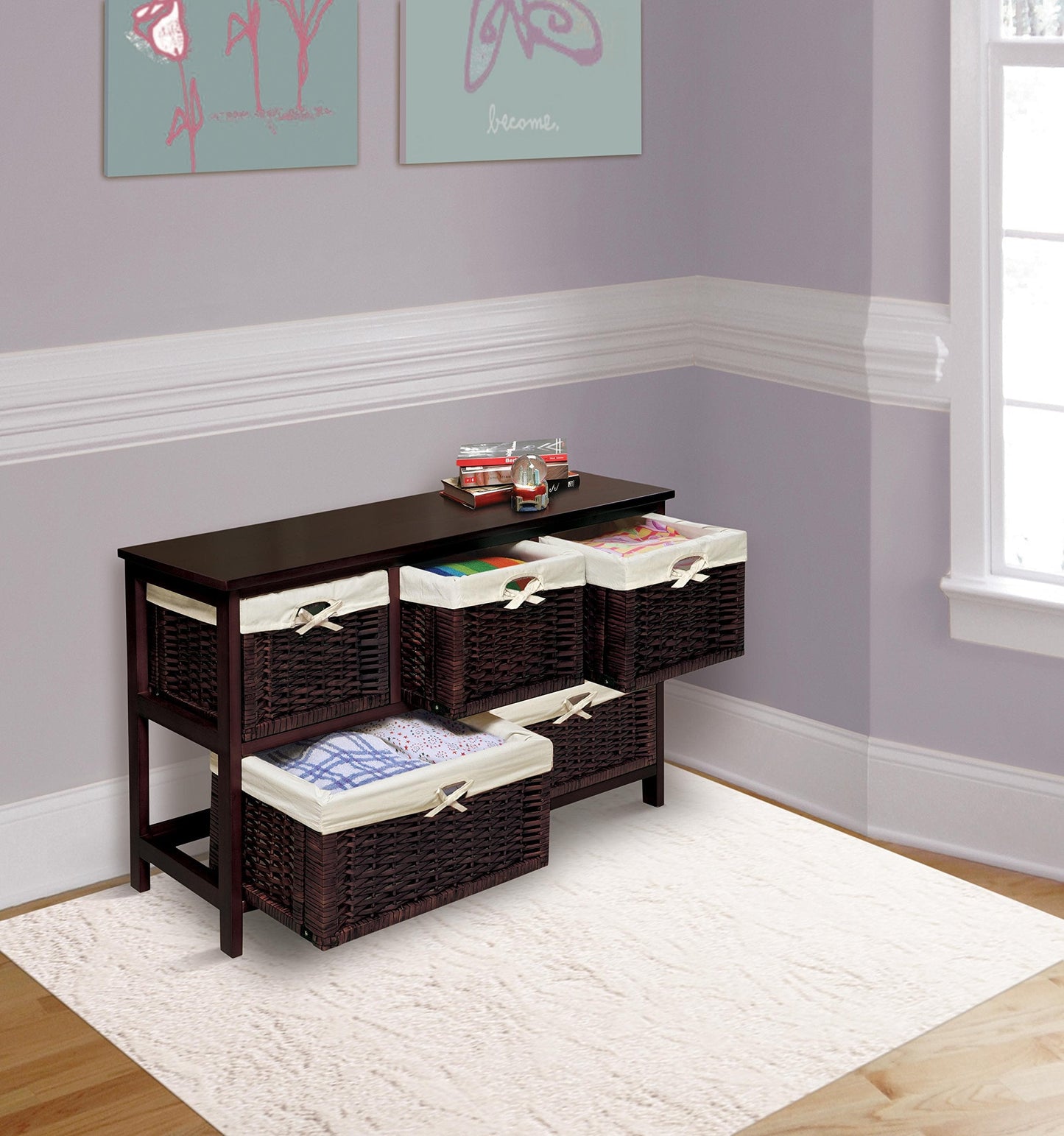 Badger Basket Five-Basket Storage Unit with Wicker Baskets and Washable Liners, Organizer for Toys, Clothes, and Household Items, Sturdy Wooden Frame - Espresso Finish