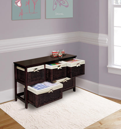 Badger Basket Five-Basket Storage Unit with Wicker Baskets and Washable Liners, Organizer for Toys, Clothes, and Household Items, Sturdy Wooden Frame - Espresso Finish