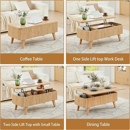3 in 1 Lift Top Coffee Table, Fluted Convertible Coffee Tables Converts to Dining Tables, Modern Oval Wooden Center Table with Storage for Living Room Office Small Space, Partial Assembly (Natural)