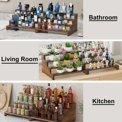 ZUJJAFY Cologne Organizer for Men, 4 Tier Wooden Cologne Stand Mens Fragrance Shelf, Tiered Wood Risers Display Stands for Perfume, Cupcake, Figures, Dessert, Brown