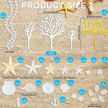 Prospura 34Pcs Beach Cake Topper Set, Under the Sea Theme Decorations with Golden Happy Birthday Sign, Ocean Seashells Starfish Conch for Summer Birthday Party Supplies