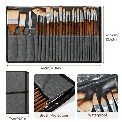 Zimuvora 25pcs Paint Brush Set, Professional Paint Brush Set with Cloth Roll and Paint Spatula, Nylon Brushes for Acrylic Painting,Watercolor,Oil,Gouache, Art Supplies for Beginners and Artists (Wood)