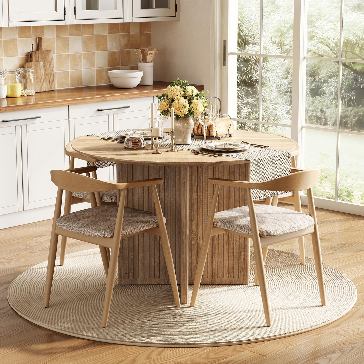 LITTLE TREE Round Dining Table for 4-6 People, Modern Wooden Kitchen Table with Pedestal Base, Small Dinner Table for Dining Room, Kitchen, Living Room