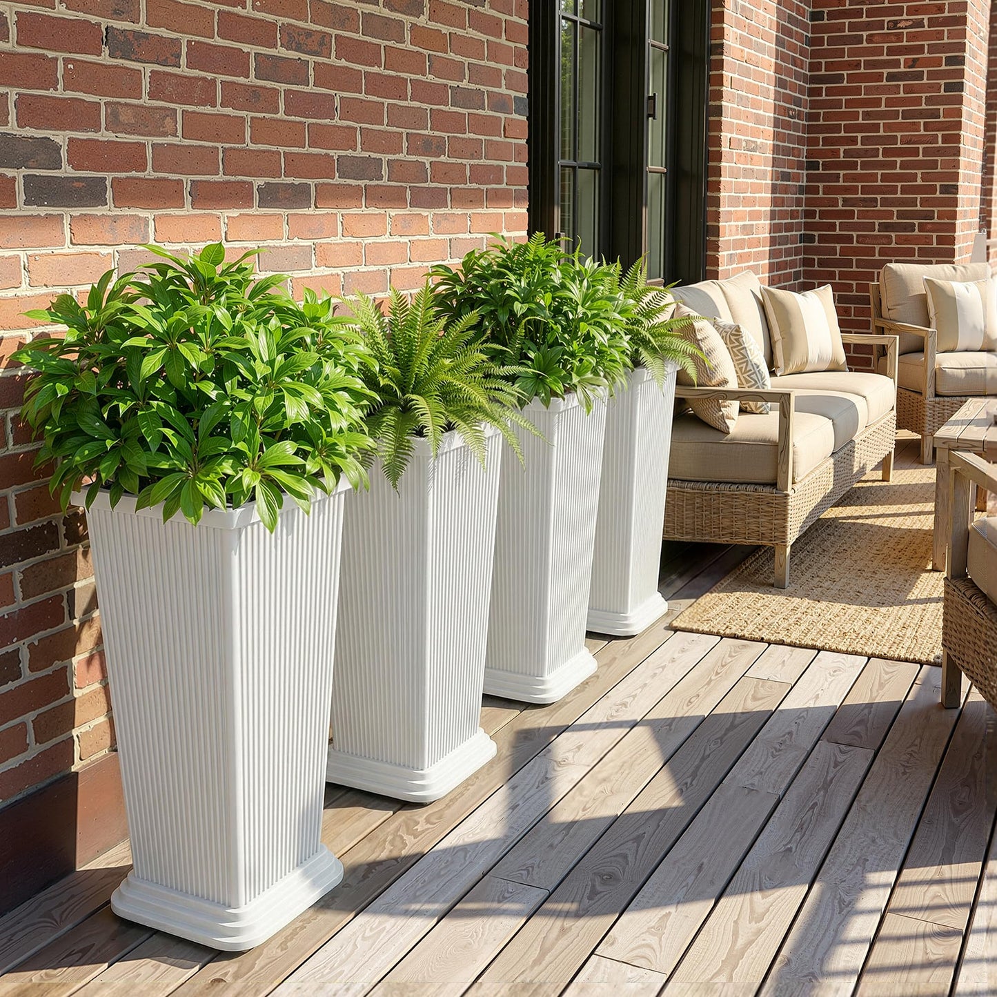 PolarcoForgeco Tall Outdoor Planters Set of 2, 24" Tapered Outdoor Tall White Planter for Front Porch, Large Indoor Modern Planter Flower Pots with Tray, Drainage Holes (Ribbed)
