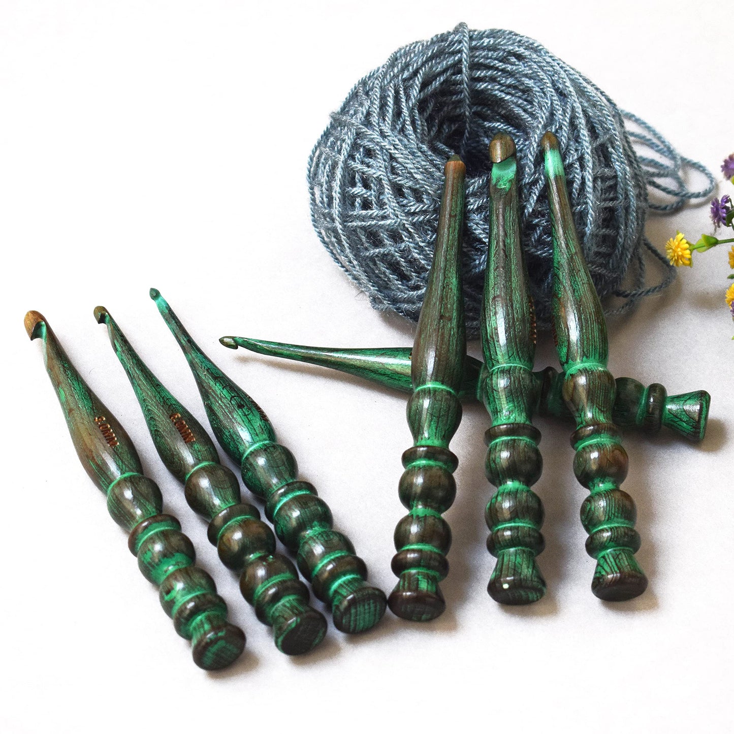Handmade Ergonomic Wooden Crochet Hooks for Arthritic Hands (Set of 7) Needles for Yarn Accessories | Size 4 mm to 10 mm with Engraved | Yarn Tool (Green)