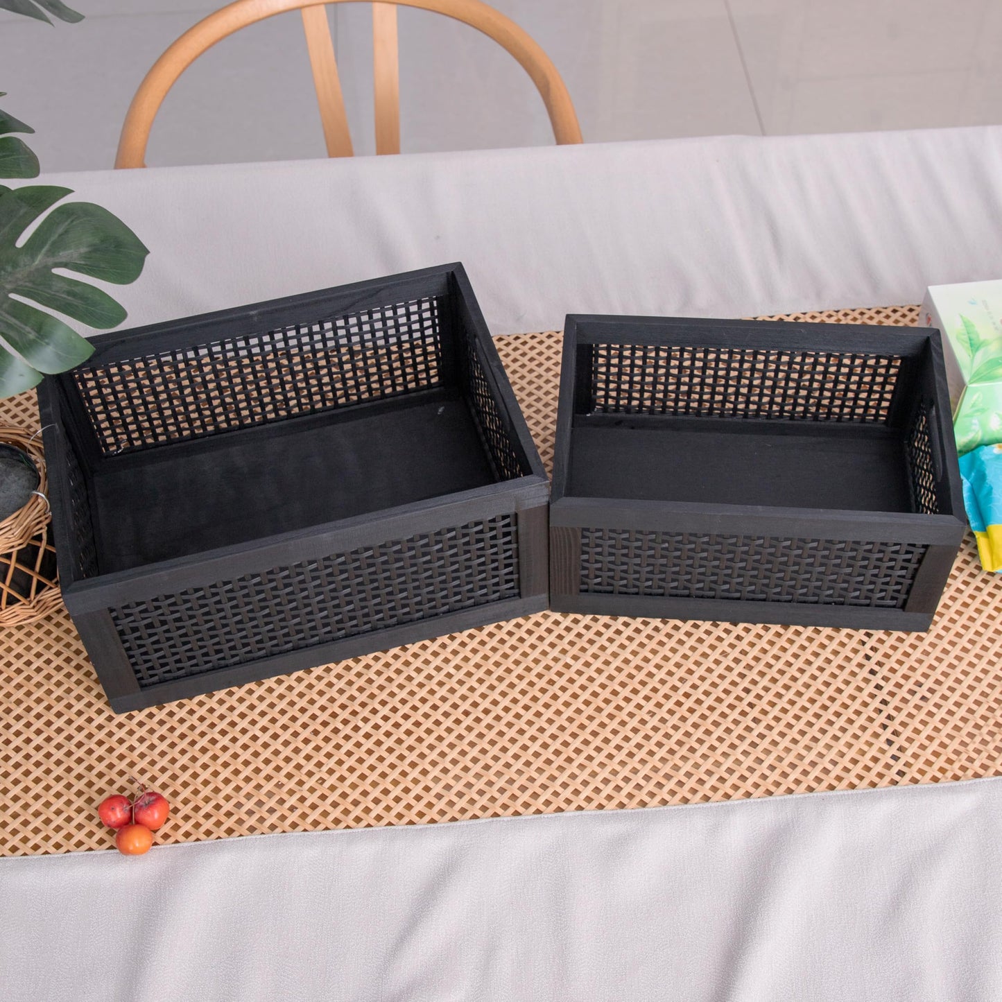 YRLSOTGE Wooden Storage Baskets,Black Woven Bamboo Basket Nesting Boxes with Built-in Handle for Pantry, Kitchen,Living Room,Shelves,Set of 2