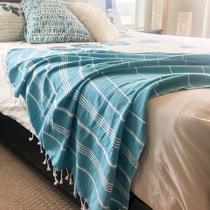 Bersuse Towels Anatolia XL Beach Blanket Throw Blanket Turkish Towel 100% Cotton Extra-Large Quick-Dry Lightweight Premium Peshtemal Towel - 61x82 Inches, Aqua (Set of 3)