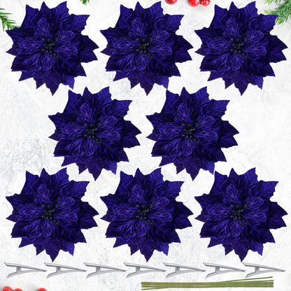 Cindeer 7 Pcs Christmas Poinsettia Artificial Flowers Christmas Poinsettia Ornaments Picks Blue Flowers Decoration for Xmas Tree DIY Wreaths Ornament Wedding Party, 9.8 Inch