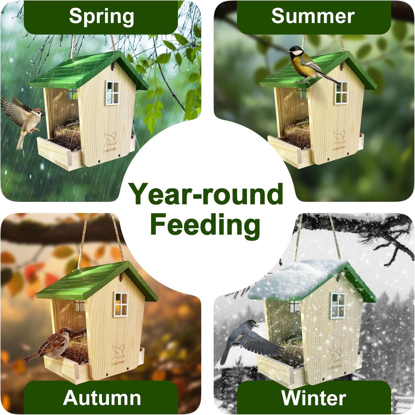 Bird Feeder Handcrafted Wood,Squirrel Proof Wild Bird Feeders for Outdoors Hanging Solid Wood Pine,Backyard Birding & Wildlife (Bird Feeder-A)