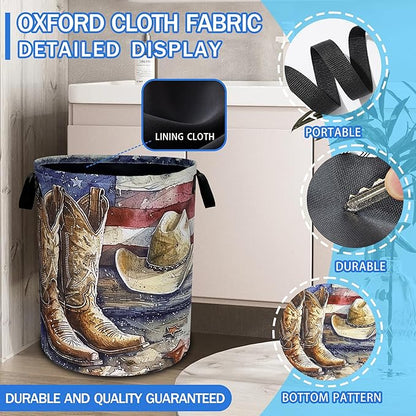Cowboy Hat Boots Laundry Basket American Flag Oxford Cloth Laundry Hamper
