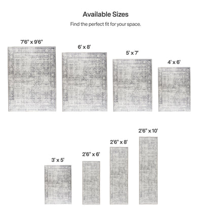 ReaLife Rugs Machine Washable Area Rug Runner - Living Room Bedroom Bathroom Kitchen Entryway Office - Padded Low Pile Stain Resistant Premium - Boho Farmhouse Vintage - Noor - Silver Ivory 2'6" x 6'