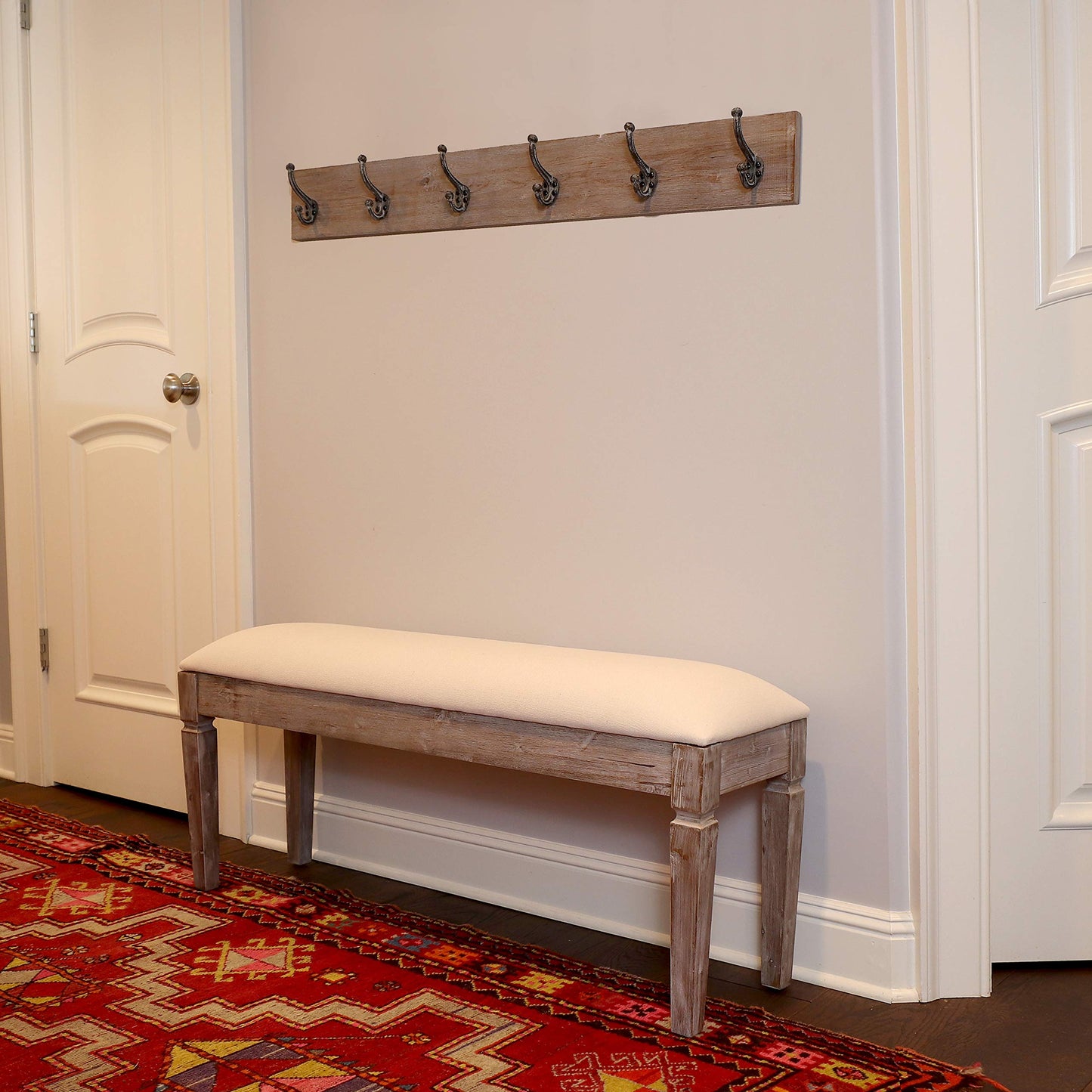 Decor Therapy Waverly Wood Bench with Coat Rack Set, Set of 2, White with Cream Cushion