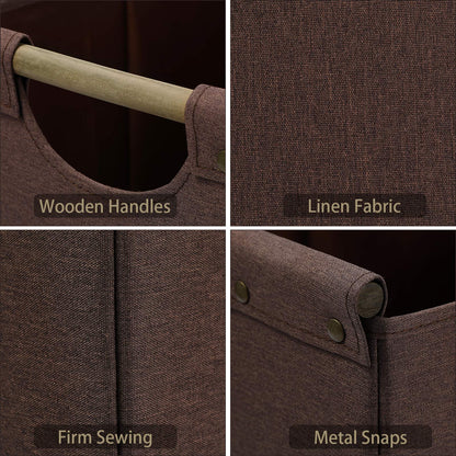 HOONEX Collapsible Storage Bins, 13x13x13 Inches Storage Cubes Linen Fabric, 3 Pack, Storage Baskets with Wooden Carry Handles and Sturdy Heavy Cardboard, for Home, Office, Car, Nursery, Brown