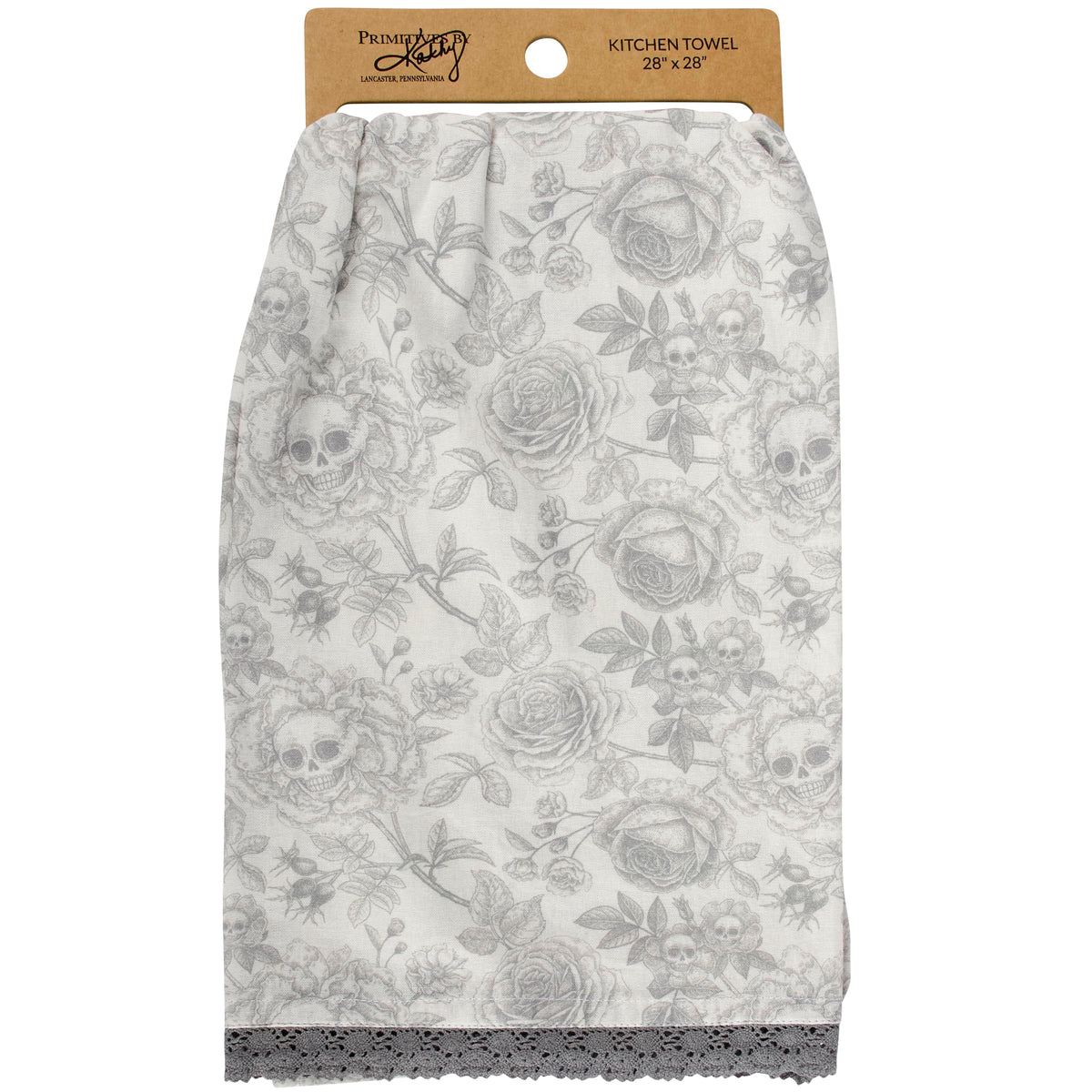 Primitives by Kathy Decorative Kitchen Towel, from Our Halloween Collection displays a Spooky Monochrome Pattern of Skull Flowers and Roses with a complementing Gray lace Trim
