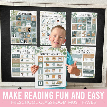 Hadley Designs Phonics Posters for Classroom Must Haves - 9 Sound Wall for Kindergarten & Elementary Teacher Supplies, Syllable, Vowels, Digraphs & Blends Bulletin Board Set, Greenery Classrom Decor