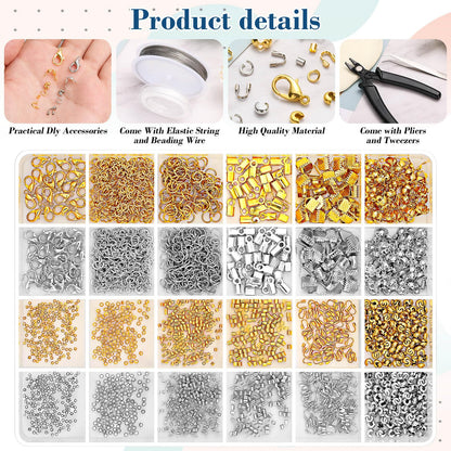 2384Pcs Crimp Beads Supplies for Jewelry Making, Including Crimp Bead Covers, Crimp Tubes, Bracelet Clasps and Closures, Crimp Ends, Jump Rings, Crimping Pliers and Beading Wire for Bracelets Making