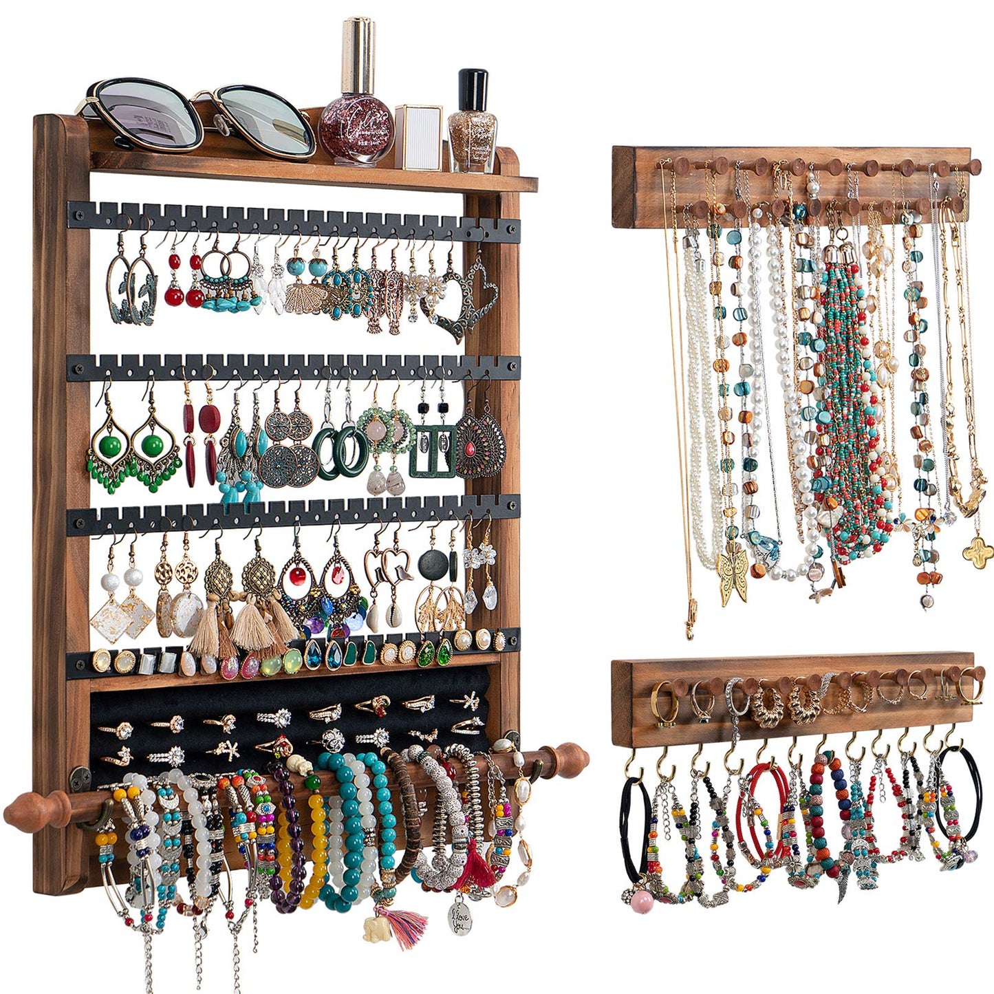 QILICHZ 3Pcs Jewelry Organizers and Storage,Wood Earring Organizer,Hanging Jewelry Organizer,Rustic Wall Jewellery Organizer,Wall Mounted Earring Holder for Storage Display Gift (Brown+Black)