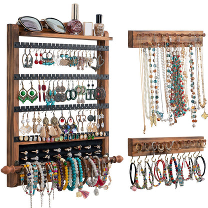 QILICHZ 3Pcs Jewelry Organizers and Storage,Wood Earring Organizer,Hanging Jewelry Organizer,Rustic Wall Jewellery Organizer,Wall Mounted Earring Holder for Storage Display Gift (Brown+Black)