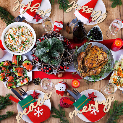 Geetery 24 Set Christmas Cutlery Tableware Holders Christmas Santa Hats Silverware Holders Christmas Socks Silverware Holders and Wooden Cutout Letter Signs for Party Dinner Table Decorations