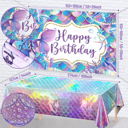 SNLN 139Pcs Mermaid Birthday Party Decorations Supplies for Girl Kid, Mermaid Balloon Arch & Backdrop Tablecloth Fringe Curtain Tail Shell Star Foil Balloon, Princess Themed Mermaids Party Decoration