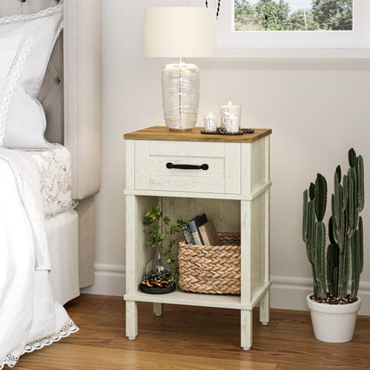 YAUKTAK White Farmhouse Nightstand with Drawer, Small Wooden Bedside Table, White End Table, Bedroom Side Table with Storage, Rustic Wood Night Stand LET512WR