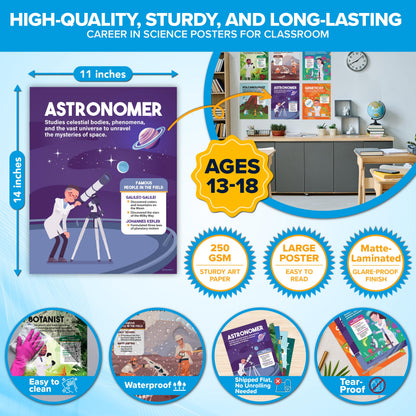 Decorably 16 Career in Science Posters for Classroom Middle School, 11x14in Matte-Laminated Educational School Decor - Hallways, Bulletin Boards, Home Study Room